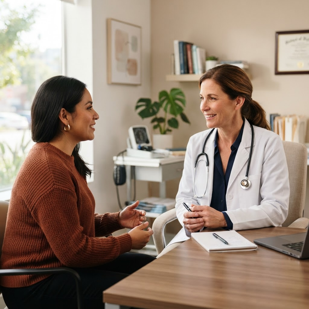 A doctor talking with a patient in a warm, welcoming medical office